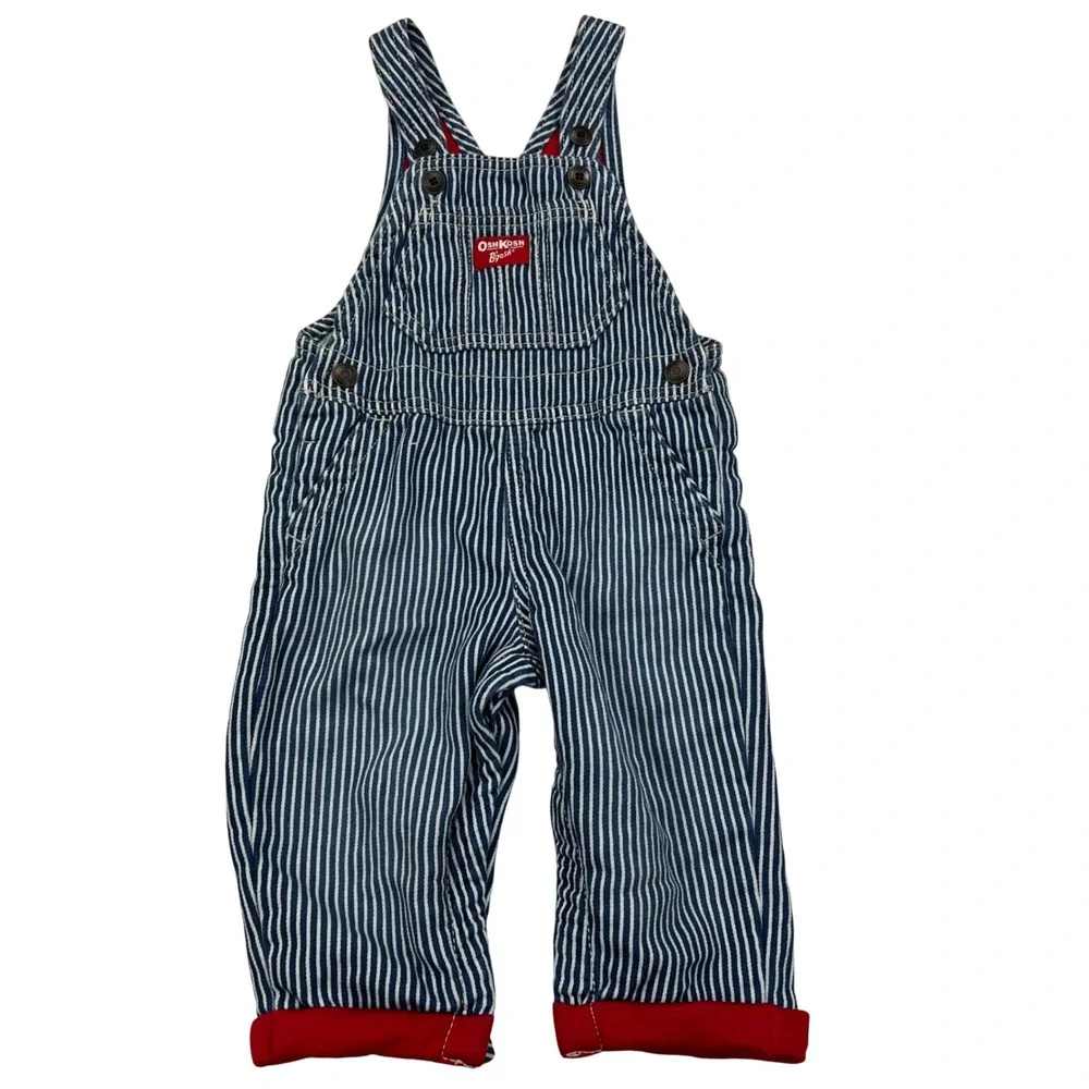OshKosh B'gosh Overalls Kids 12M Blue Hickory Stripe Cuffed Jersey Lined Bibs